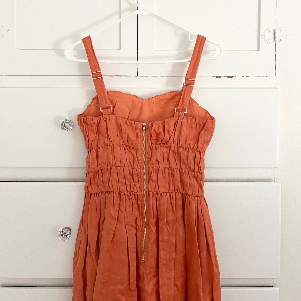 Mon Renn Papaya Linen Midi Dress Cutout Smocked Strappy Slit Size 8 - Picture 9 of 10